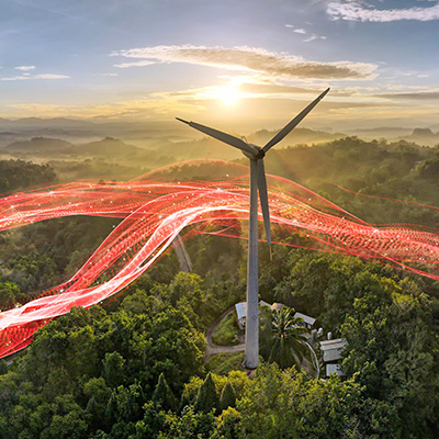 wind turbine and red energy flow